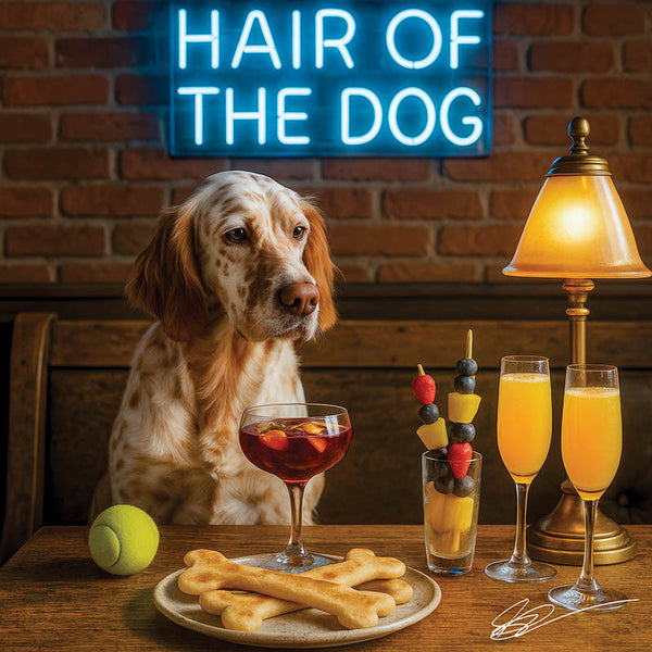Hair of the Dog English Setter 013 Ruff & Ready Funny Canine Art neon lights, bacon-woven flair, and egg murals