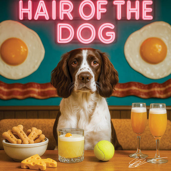 Hair of the Dog English Springer Spaniel 002 Ruff & Ready Funny Canine Art neon lights, bacon-woven flair, and egg murals