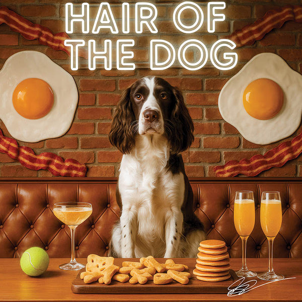 Hair of the Dog English Springer Spaniel 007 Ruff & Ready Funny Canine Art neon lights, bacon-woven flair, and egg murals