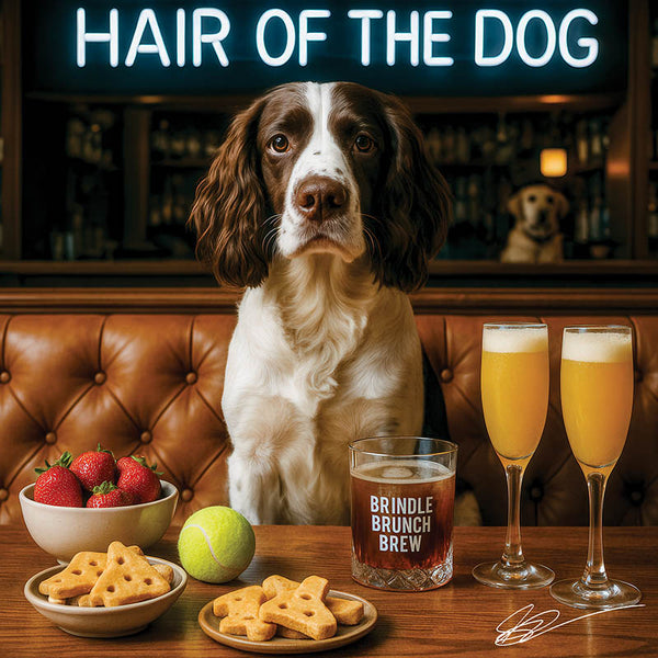 Hair of the Dog English Springer Spaniel 014 Ruff & Ready Funny Canine Art neon lights, bacon-woven flair, and egg murals