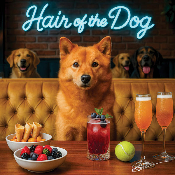Hair of the Dog Finnish Spitz 006 Ruff & Ready Funny Canine Art neon lights, bacon-woven flair, and egg murals