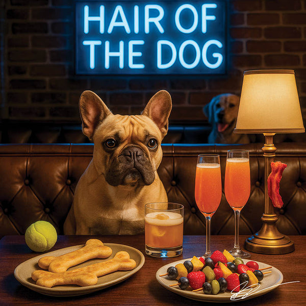 Hair of the Dog French Bulldog 002 Ruff & Ready Funny Canine Art neon lights, bacon-woven flair, and egg murals