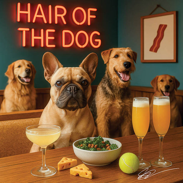 Hair of the Dog French Bulldog 004 Ruff & Ready Funny Canine Art neon lights, bacon-woven flair, and egg murals
