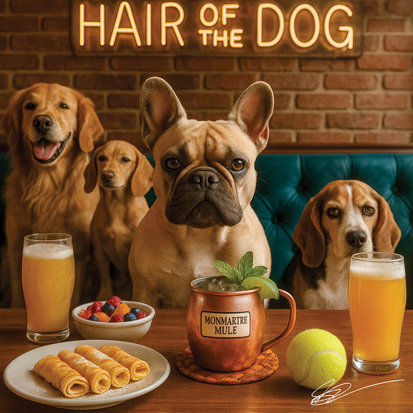 Hair of the Dog French Bulldog 007 Ruff & Ready Funny Canine Art neon lights, bacon-woven flair, and egg murals