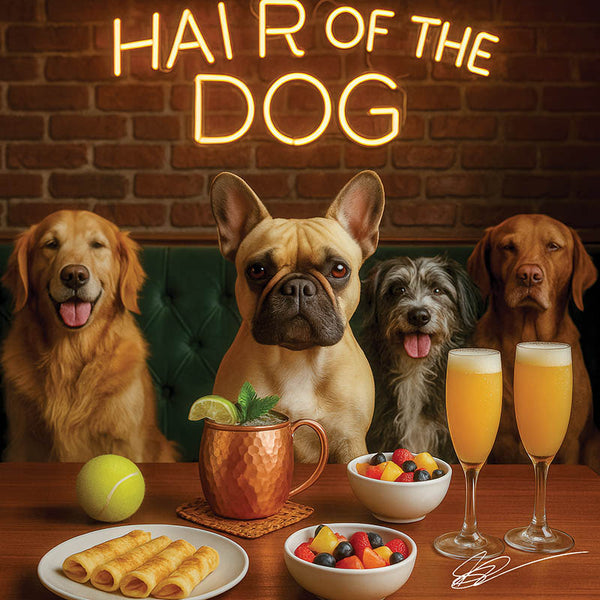 Hair of the Dog French Bulldog 008 Ruff & Ready Funny Canine Art neon lights, bacon-woven flair, and egg murals