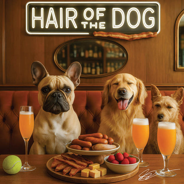 Hair of the Dog French Bulldog 011 Ruff & Ready Funny Canine Art neon lights, bacon-woven flair, and egg murals