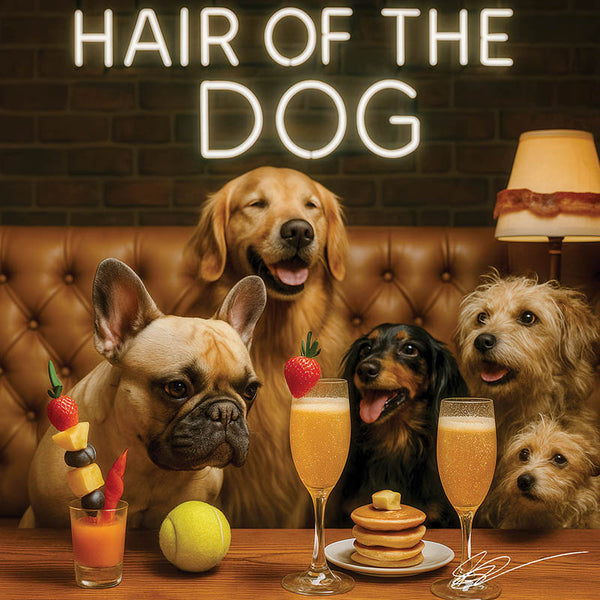 Hair of the Dog French Bulldog 014 Ruff & Ready Funny Canine Art neon lights, bacon-woven flair, and egg murals