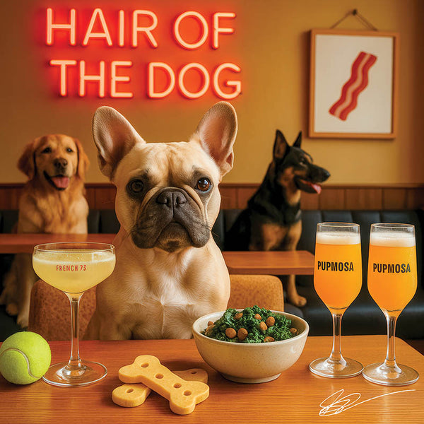 Hair of the Dog French Bulldog 015 Ruff & Ready Funny Canine Art neon lights, bacon-woven flair, and egg murals