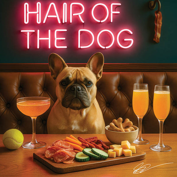 Hair of the Dog French Bulldog 017 Ruff & Ready Funny Canine Art neon lights, bacon-woven flair, and egg murals