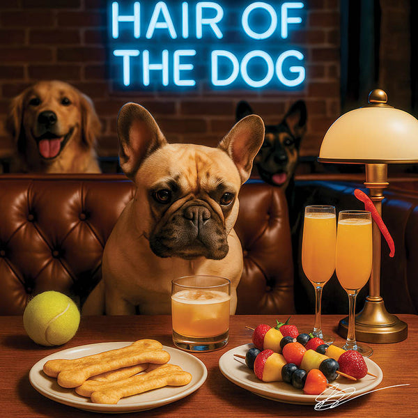 Hair of the Dog French Bulldog 019 Ruff & Ready Funny Canine Art neon lights, bacon-woven flair, and egg murals