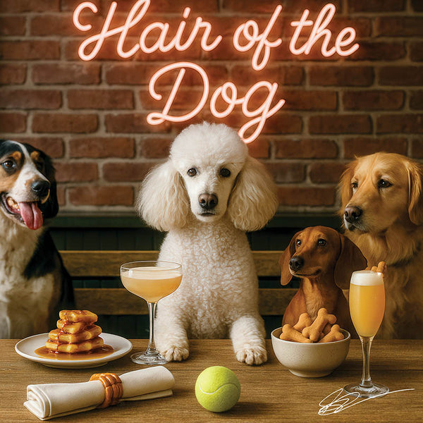 Hair of the Dog French Poodle 004 Ruff & Ready Funny Canine Art neon lights, bacon-woven flair, and egg murals