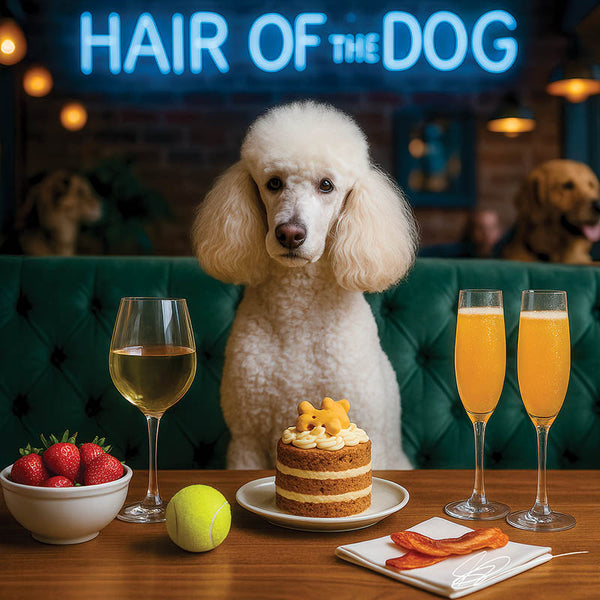Hair of the Dog French Poodle 012 Ruff & Ready Funny Canine Art neon lights, bacon-woven flair, and egg murals