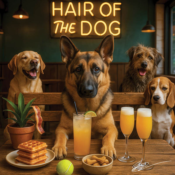Hair of the Dog German Shepherd 002 Ruff & Ready Funny Canine Art neon lights, bacon-woven flair, and egg murals