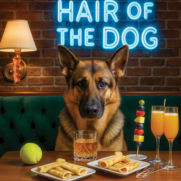 Hair of the Dog German Shepherd 004 Ruff & Ready Funny Canine Art neon lights, bacon-woven flair, and egg murals