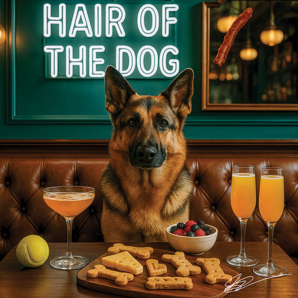 Hair of the Dog German Shepherd 005 Ruff & Ready Funny Canine Art neon lights, bacon-woven flair, and egg murals