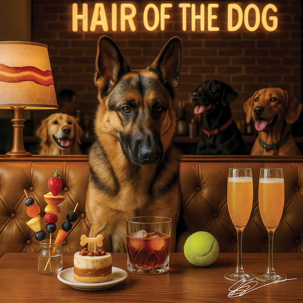 Hair of the Dog German Shepherd 010 Ruff & Ready Funny Canine Art neon lights, bacon-woven flair, and egg murals