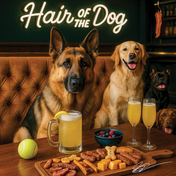 Hair of the Dog German Shepherd 011 Ruff & Ready Funny Canine Art neon lights, bacon-woven flair, and egg murals