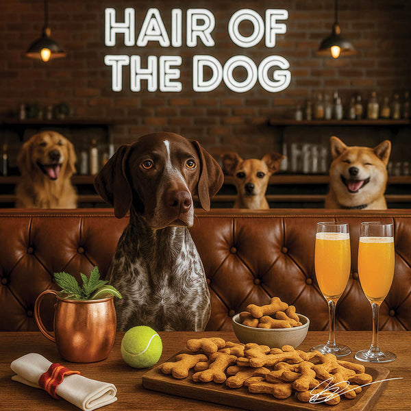 Hair of the Dog German Shorthaired Pointer 001 Ruff & Ready Funny Canine Art neon lights, bacon-woven flair, and egg murals