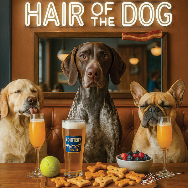 Hair of the Dog German Shorthaired Pointer 004 Ruff & Ready Funny Canine Art neon lights, bacon-woven flair, and egg murals