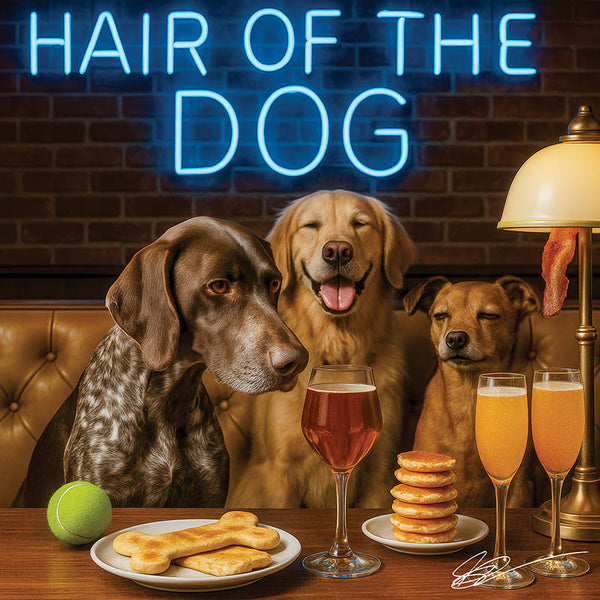 Hair of the Dog German Shorthaired Pointer 007 Ruff & Ready Funny Canine Art neon lights, bacon-woven flair, and egg murals