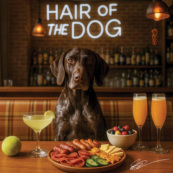 Hair of the Dog German Shorthaired Pointer 008 Ruff & Ready Funny Canine Art neon lights, bacon-woven flair, and egg murals