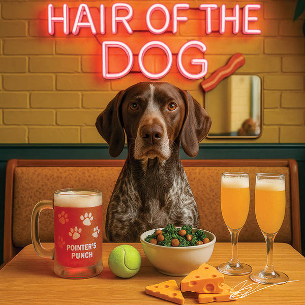 Hair of the Dog German Shorthaired Pointer 009 Ruff & Ready Funny Canine Art neon lights, bacon-woven flair, and egg murals