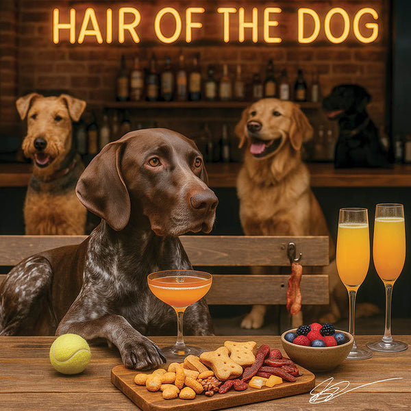 Hair of the Dog German Shorthaired Pointer 013 Ruff & Ready Funny Canine Art neon lights, bacon-woven flair, and egg murals
