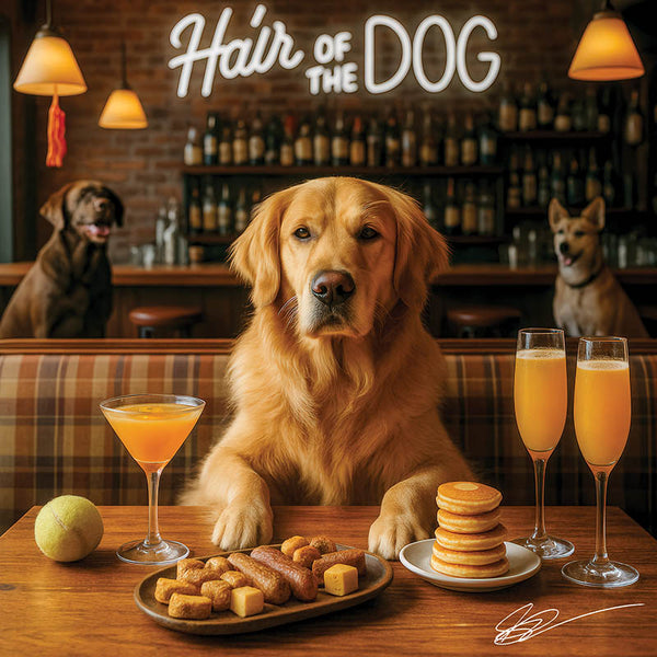 Hair of the Dog Golden Retriever 003 Ruff & Ready Funny Canine Art neon lights, bacon-woven flair, and egg murals