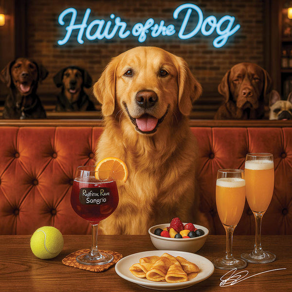Hair of the Dog Golden Retriever 006 Ruff & Ready Funny Canine Art neon lights, bacon-woven flair, and egg murals