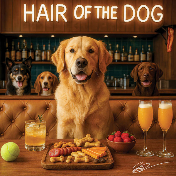 Hair of the Dog Golden Retriever 007 Ruff & Ready Funny Canine Art neon lights, bacon-woven flair, and egg murals