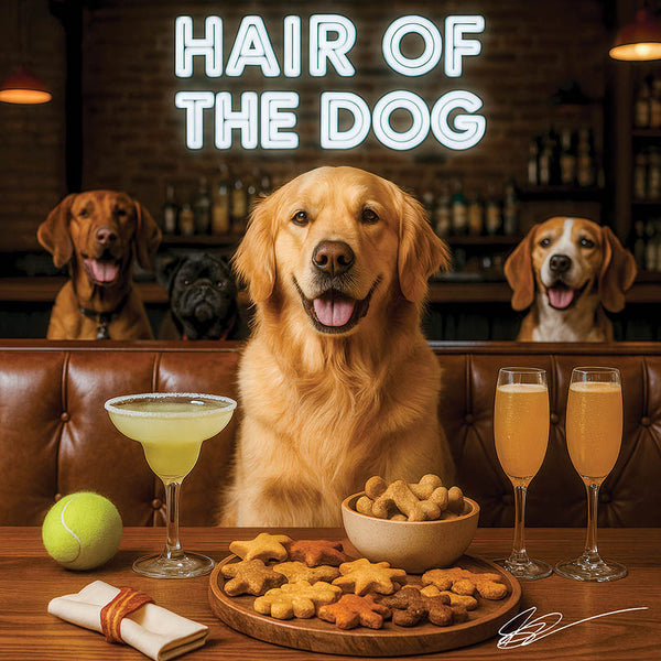 Hair of the Dog Golden Retriever 011 Ruff & Ready Funny Canine Art neon lights, bacon-woven flair, and egg murals