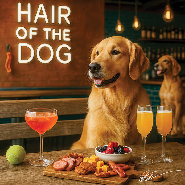 Hair of the Dog Golden Retriever 013 Ruff & Ready Funny Canine Art neon lights, bacon-woven flair, and egg murals