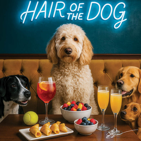 Hair of the Dog Goldendoodle 005 Ruff & Ready Funny Canine Art neon lights, bacon-woven flair, and egg murals