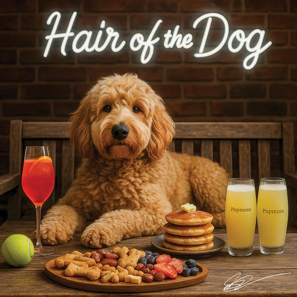 Hair of the Dog Goldendoodle 008 Ruff & Ready Funny Canine Art neon lights, bacon-woven flair, and egg murals