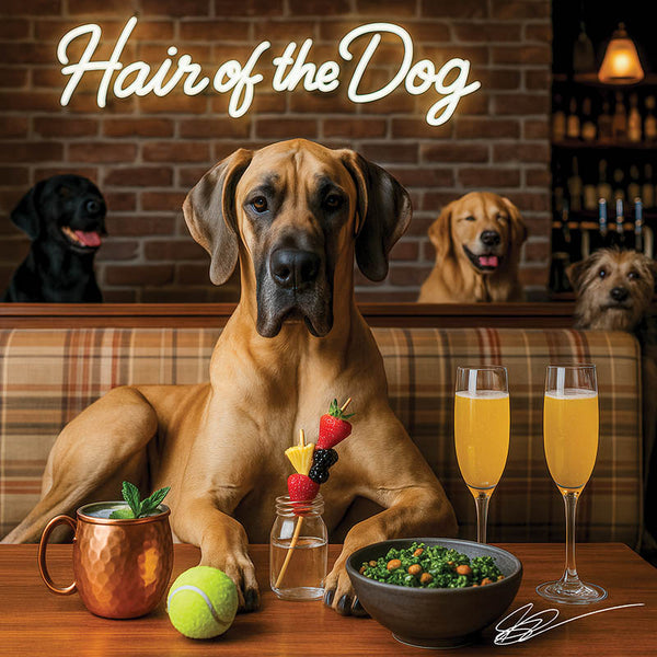 Hair of the Dog Great Dane 002 Ruff & Ready Funny Canine Art neon lights, bacon-woven flair, and egg murals