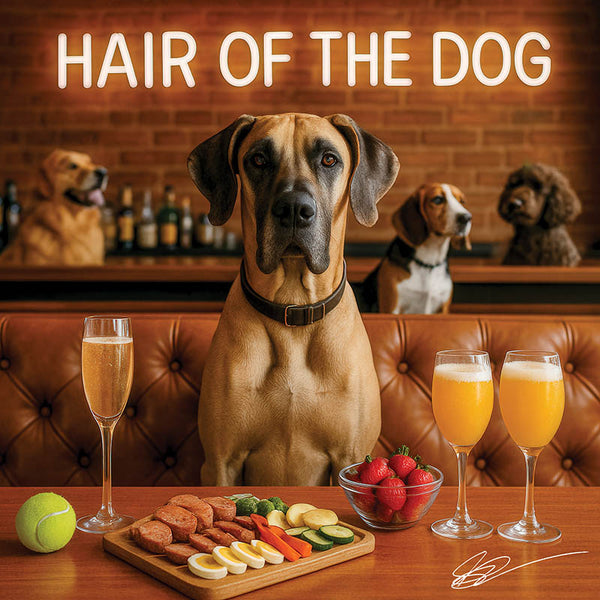 Hair of the Dog Great Dane 004 Ruff & Ready Funny Canine Art neon lights, bacon-woven flair, and egg murals