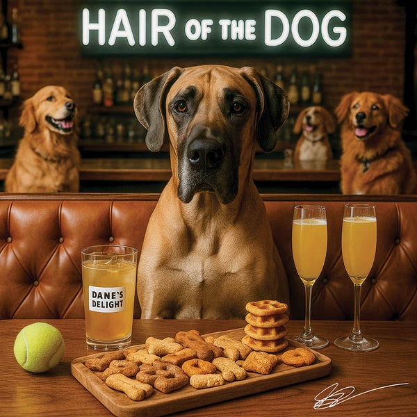 Hair of the Dog Great Dane 005 Ruff & Ready Funny Canine Art neon lights, bacon-woven flair, and egg murals