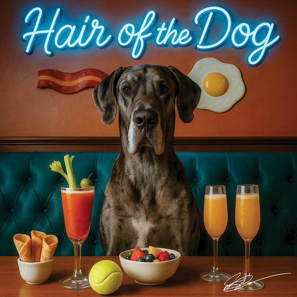Hair of the Dog Great Dane 006 Ruff & Ready Funny Canine Art neon lights, bacon-woven flair, and egg murals