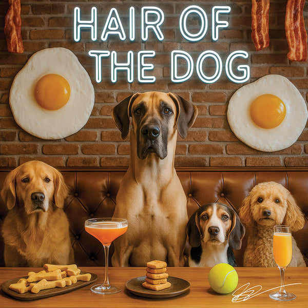 Hair of the Dog Great Dane 009 Ruff & Ready Funny Canine Art neon lights, bacon-woven flair, and egg murals