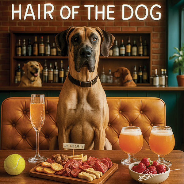 Hair of the Dog Great Dane 012 Ruff & Ready Funny Canine Art neon lights, bacon-woven flair, and egg murals
