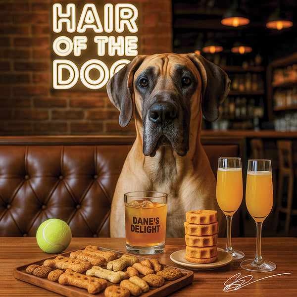 Hair of the Dog Great Dane 013 Ruff & Ready Funny Canine Art neon lights, bacon-woven flair, and egg murals