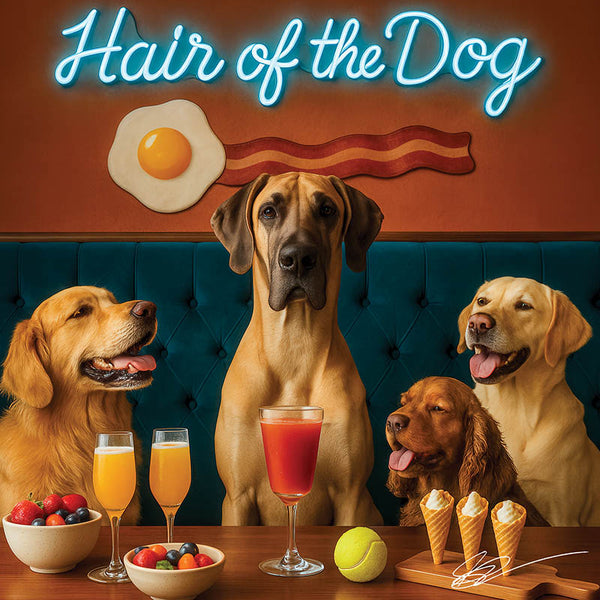 Hair of the Dog Great Dane 014 Ruff & Ready Funny Canine Art neon lights, bacon-woven flair, and egg murals