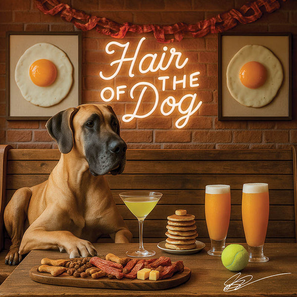 Hair of the Dog Great Dane 016 Ruff & Ready Funny Canine Art neon lights, bacon-woven flair, and egg murals