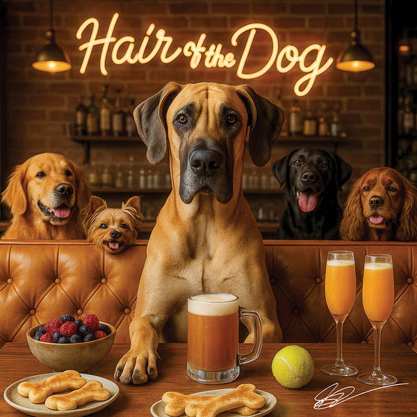 Hair of the Dog Great Dane 017 Ruff & Ready Funny Canine Art neon lights, bacon-woven flair, and egg murals