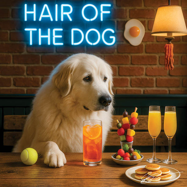 Hair of the Dog Great Pyrenees 003 Ruff & Ready Funny Canine Art neon lights, bacon-woven flair, and egg murals