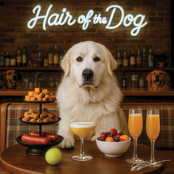 Hair of the Dog Great Pyrenees 004 Ruff & Ready Funny Canine Art neon lights, bacon-woven flair, and egg murals