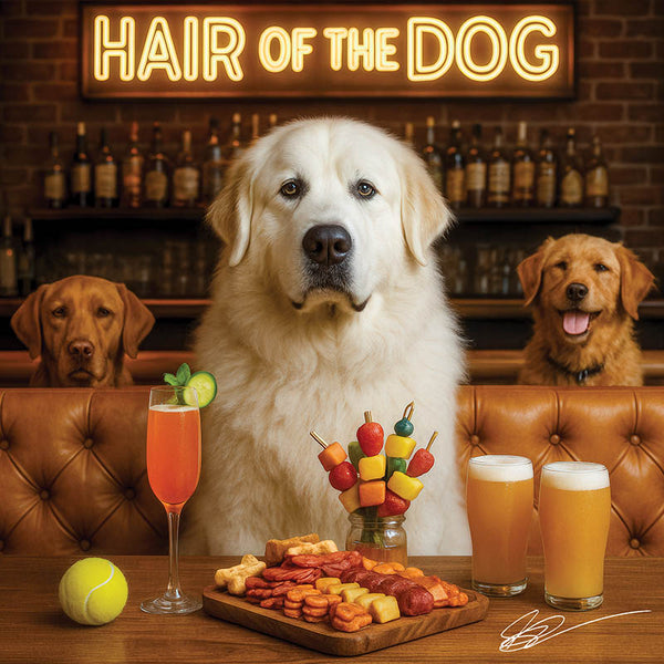 Hair of the Dog Great Pyrenees 009 Ruff & Ready Funny Canine Art neon lights, bacon-woven flair, and egg murals