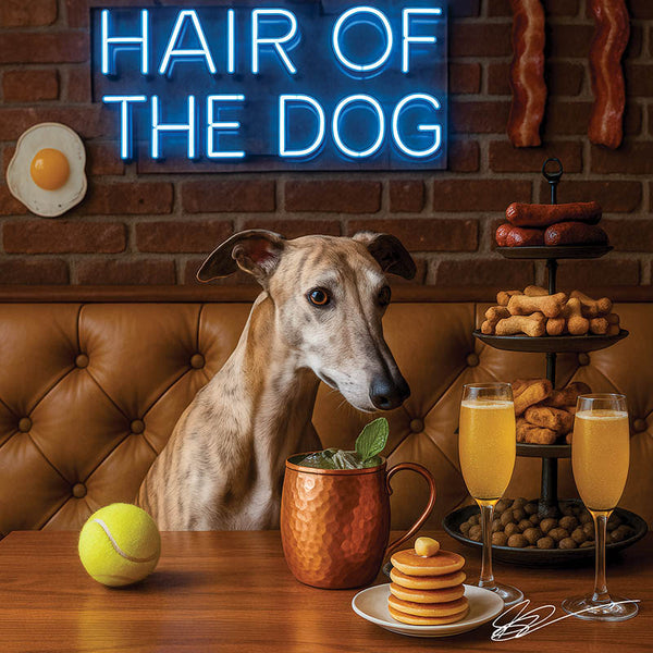 Hair of the Dog Greyhound 005 Ruff & Ready Funny Canine Art neon lights, bacon-woven flair, and egg murals