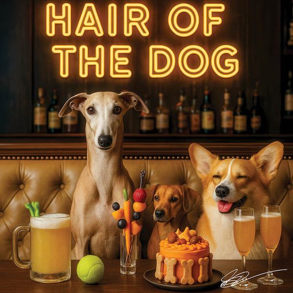 Hair of the Dog Greyhound 006 Ruff & Ready Funny Canine Art neon lights, bacon-woven flair, and egg murals