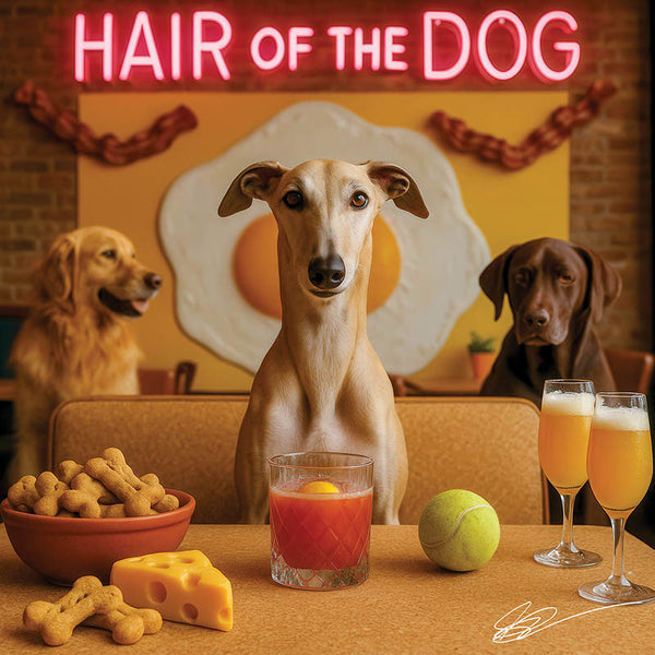Hair of the Dog Greyhound 007 Ruff & Ready Funny Canine Art neon lights, bacon-woven flair, and egg murals